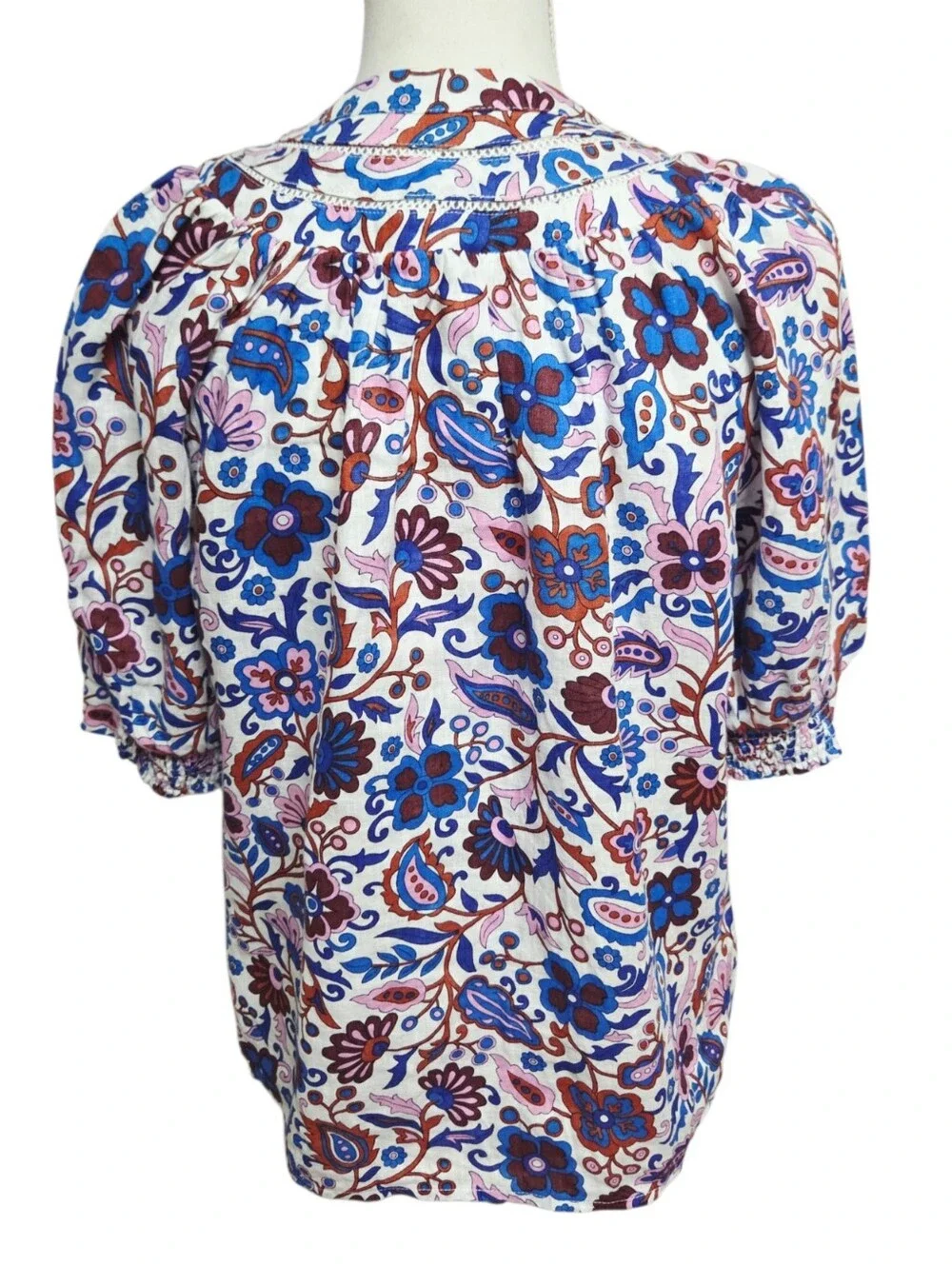 Boden Bea Linen Floral Top White Blue Size 2